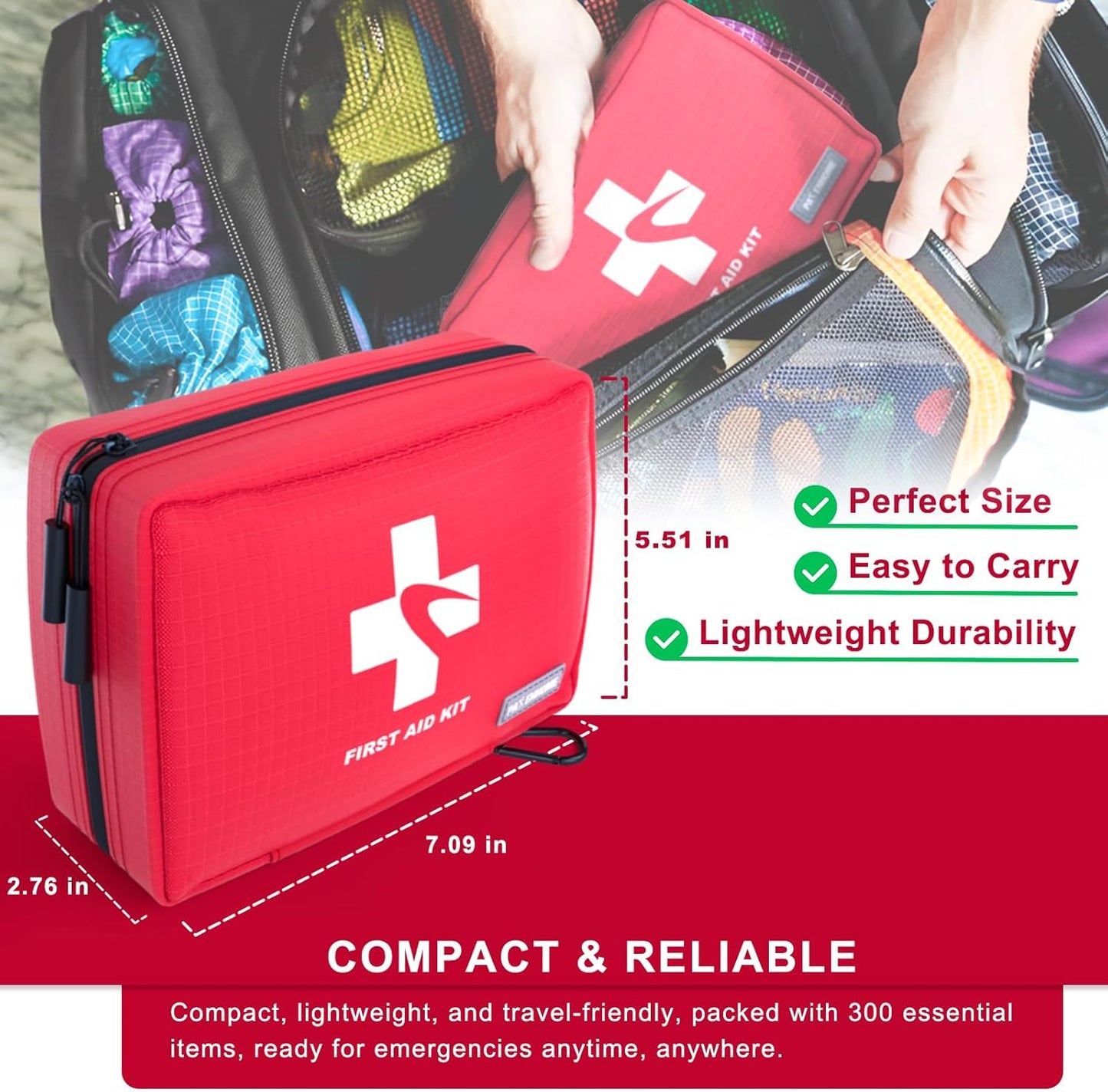 Compact First Aid Kit 300 PCS – Small Waterproof Emergency Medical Kit for Home, Car, Travel, Camping, Hiking, Truck, Office, Sports & Outdoor – Lightweight First Aid Bag