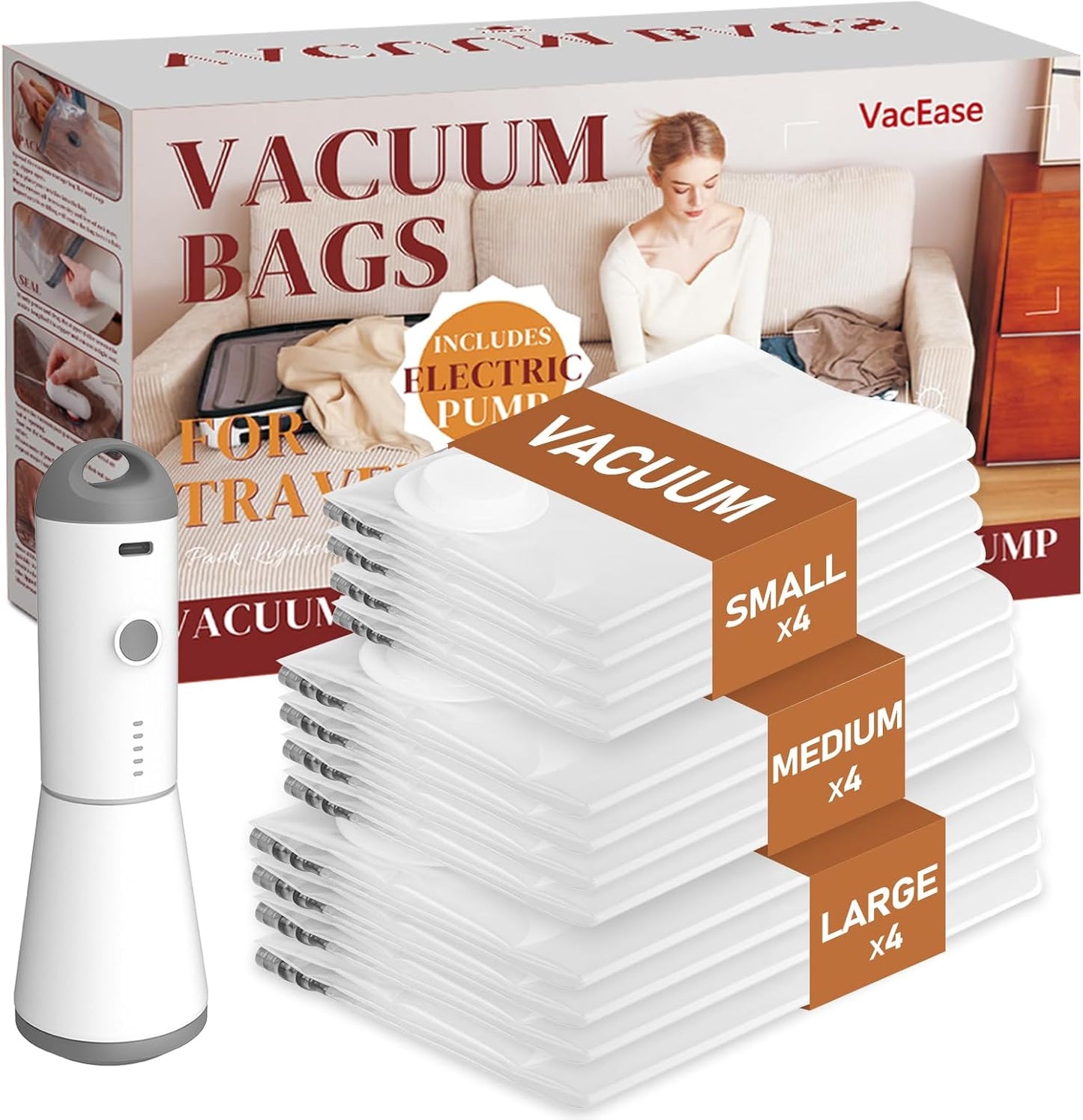 Travel Vacuum Bags with Wireless Charging Air Pump, 12 Pack Vacuum Storage Seal Bags for Clothing(4 Large+4 Medium+4 Small), Compression Packing for Clothes Suitcase Luggage