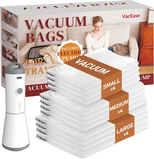 Travel Vacuum Bags with Wireless Charging Air Pump, 12 Pack Vacuum Storage Seal Bags for Clothing(4 Large+4 Medium+4 Small), Compression Packing for Clothes Suitcase Luggage