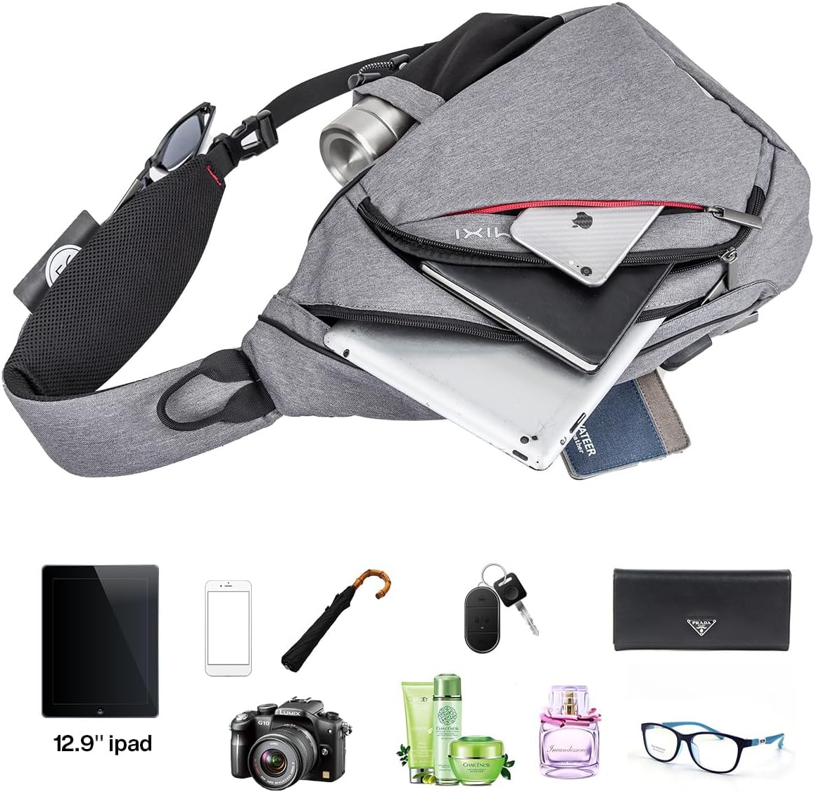 mixi Sling Bag Men Backpack Unisex One Shoulder Bag Hiking Travel Backpack Crossbody with USB Port for Men Women Versatile Casual Daypack-20 inch,Gery