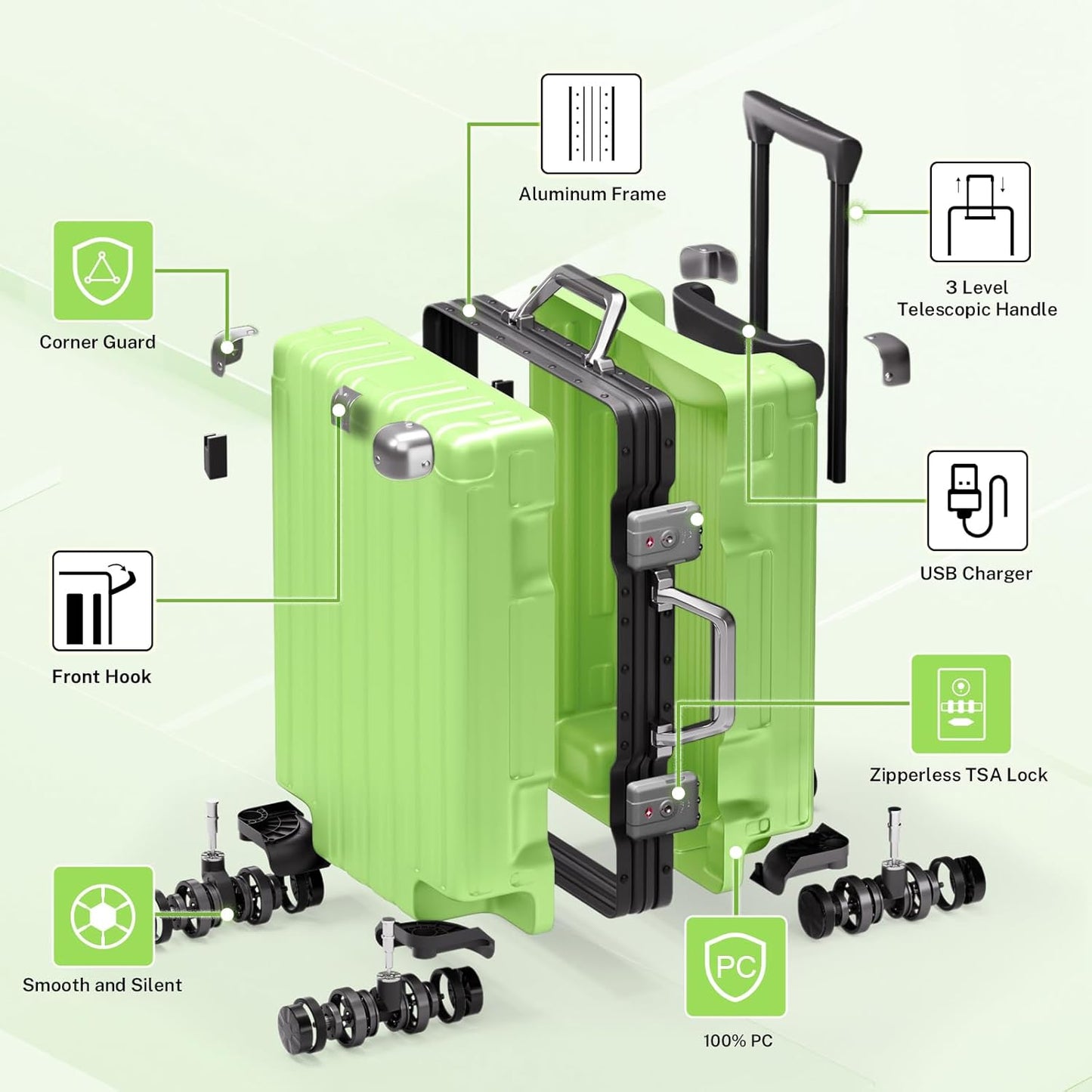 Krute Large Luggage 28 inch Zipperles Suitcase With Spinner Wheels USB Charger Hardside PC Aluminum Frame Luggages Checked Suitcases with TSA Lock (1 Piece)