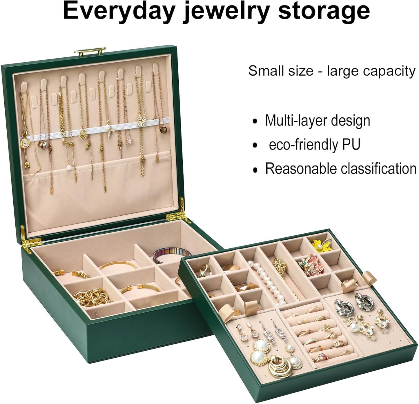 2-layer jewelry box，Jewelry Organizer with Handle，with hanging necklace hooks, detachable jewelry trays, suitable for storing a large amount of jewelry gift box (Large-Green)
