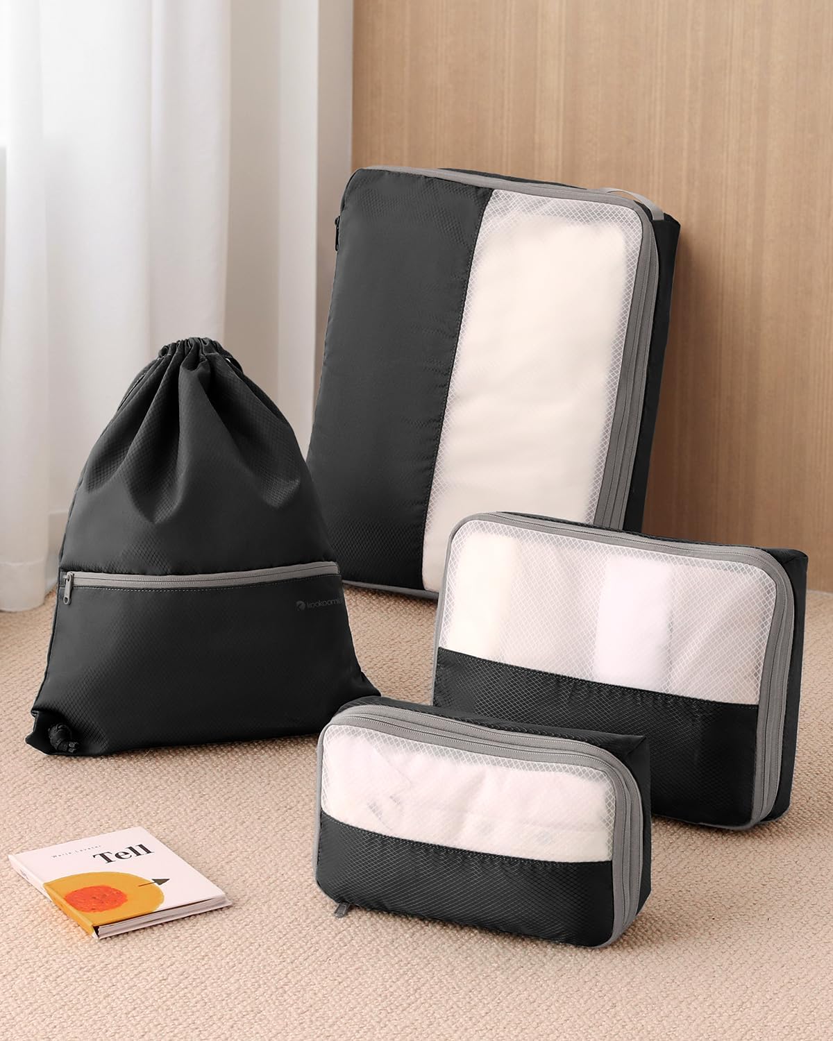 4 Set Compression Packing Cubes for Travel, Bonus Versatile Drawstring Backpack, Lightweight Luggage Organizer Bags, Sturdy Travel Accessories for Suitcase, Black