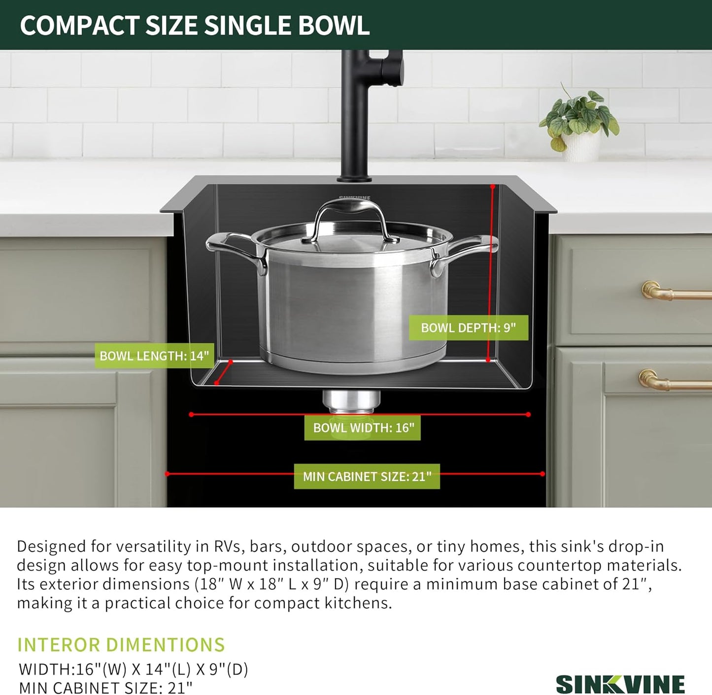 18-Inch Black Bar Sink Drop-In, SINKVINE PVD Nano Stainless Steel Kitchen Sink for Laundry, Outdoor, RV, Top Mount Deep Single Bowl Sink w/Drain Strainer, Bottom Grid, Roll-up Drying Unit, Dark Gray