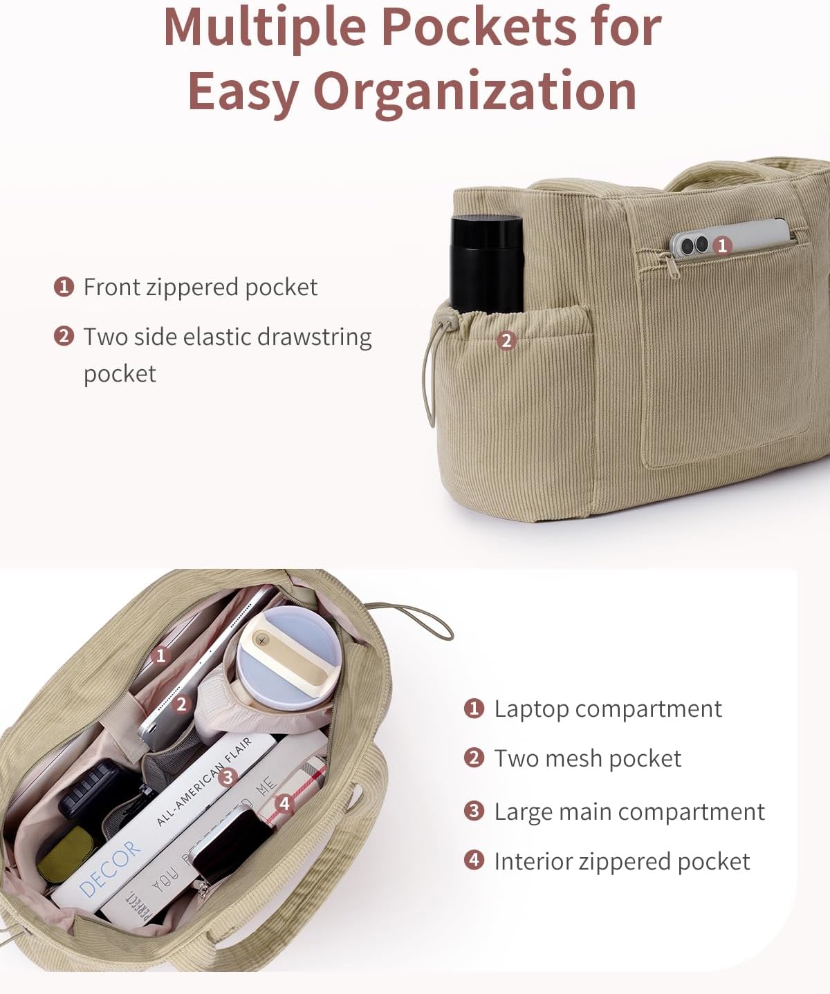 ECOHUB Tote Bag for Women, Work Tote Bags with Laptop Compartment, Large Corduroy Tote Bag with Stanley Cup Holder