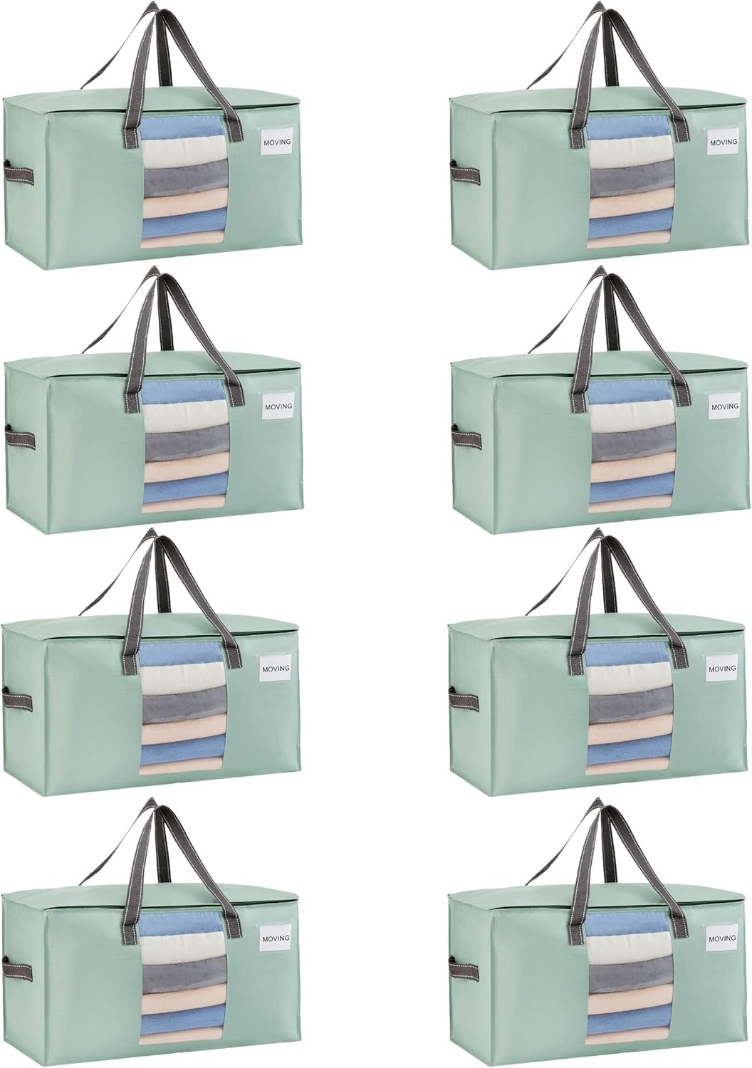 VENO 8 Pack Moving Bags, Comforter and Blanket Storage Bags for Closet, Moving Boxes, Boxes with Lids Alternative, College Dorm Packing Supplies, Foldable Heavy-Duty Tote (Light Green Matte, 8 Pack)