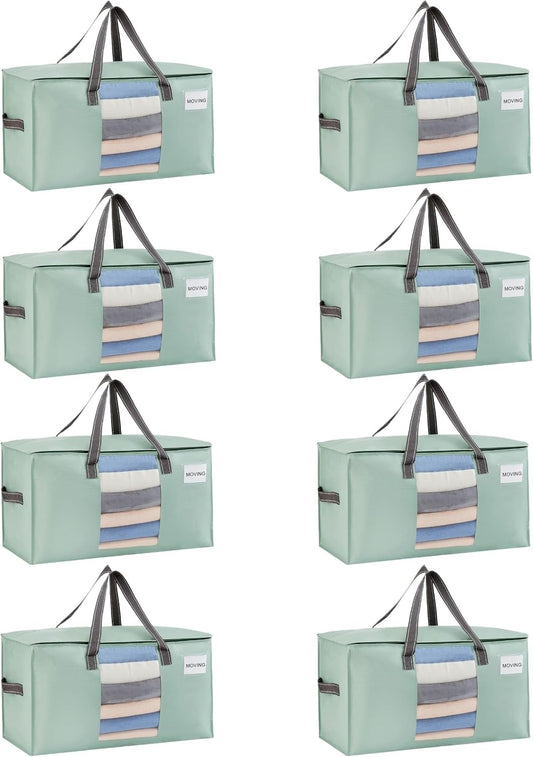VENO 8 Pack Moving Bags, Comforter and Blanket Storage Bags for Closet, Moving Boxes, Boxes with Lids Alternative, College Dorm Packing Supplies, Foldable Heavy-Duty Tote (Light Green Matte, 8 Pack)