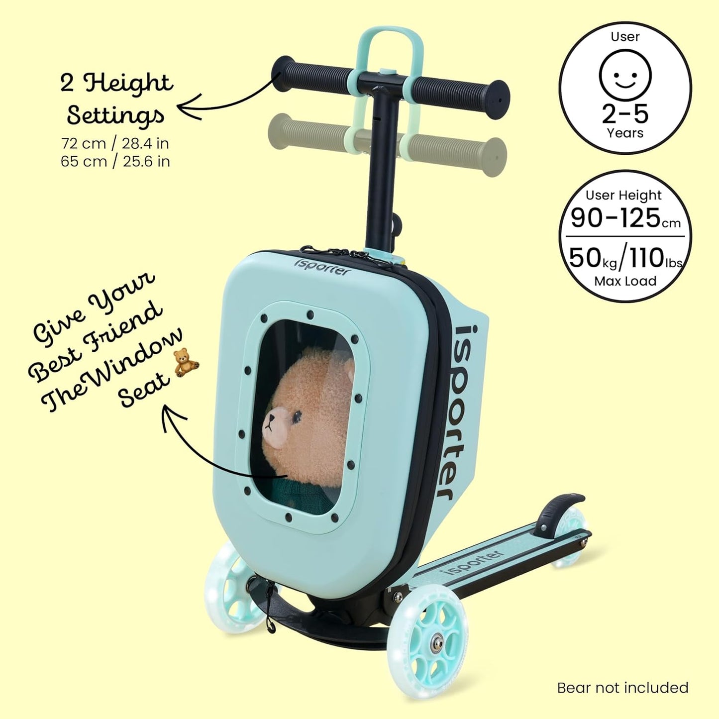 iSporter Luggage Scooter for Kids Ages 2-5 | Ride-On Suitcase Scooters for Boys Girls | Foldable & Height Adjustable, 110lbs Max