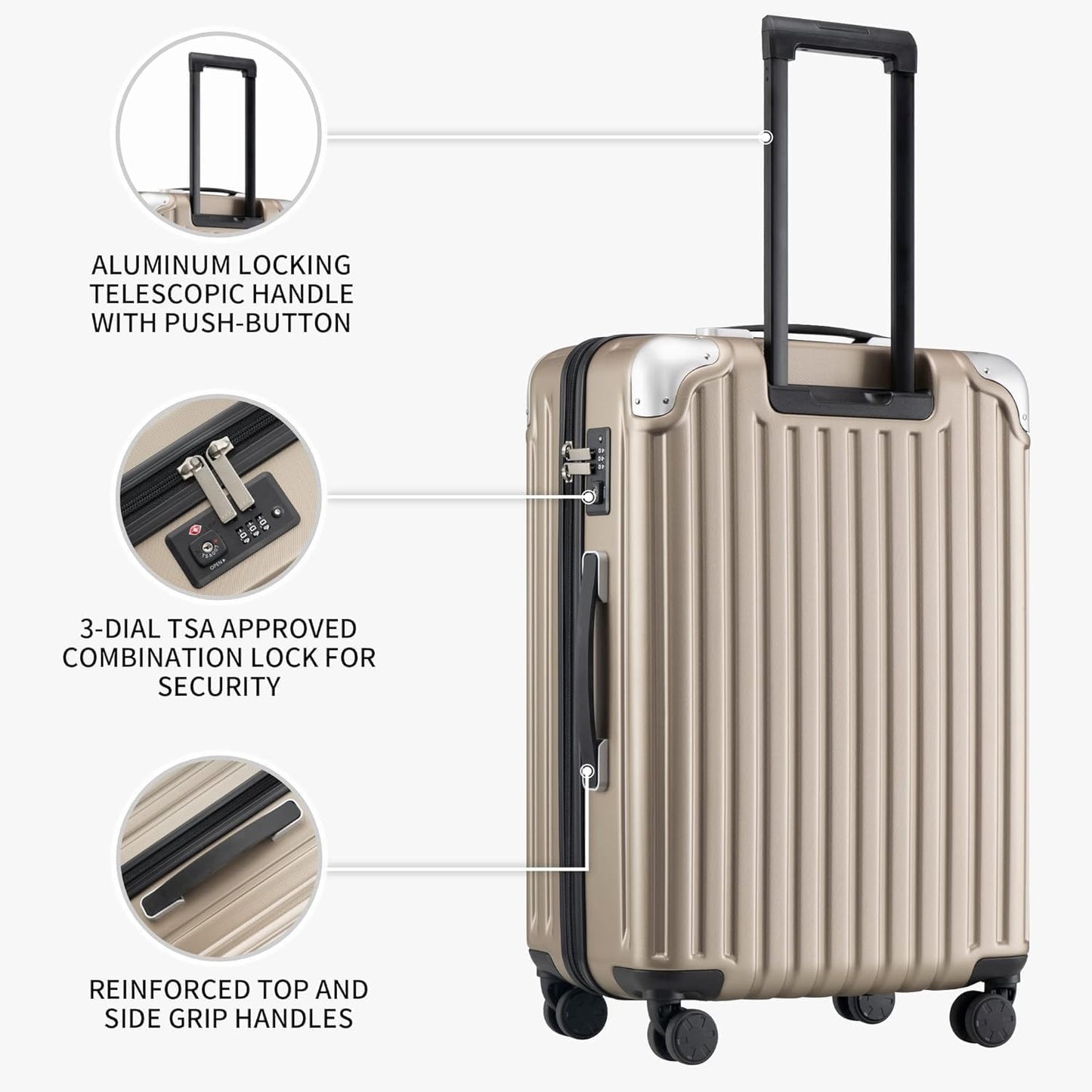 LEVEL8 Grace Luggage Sets Hardshell Suitcase with Wheels, Sturdy Large Suitcase Tsa Lock 20 Inch Expandable Carry on 24 Inch 28 Inch Checked Luggage, 3-Piece Set (20/24/28), Champagne