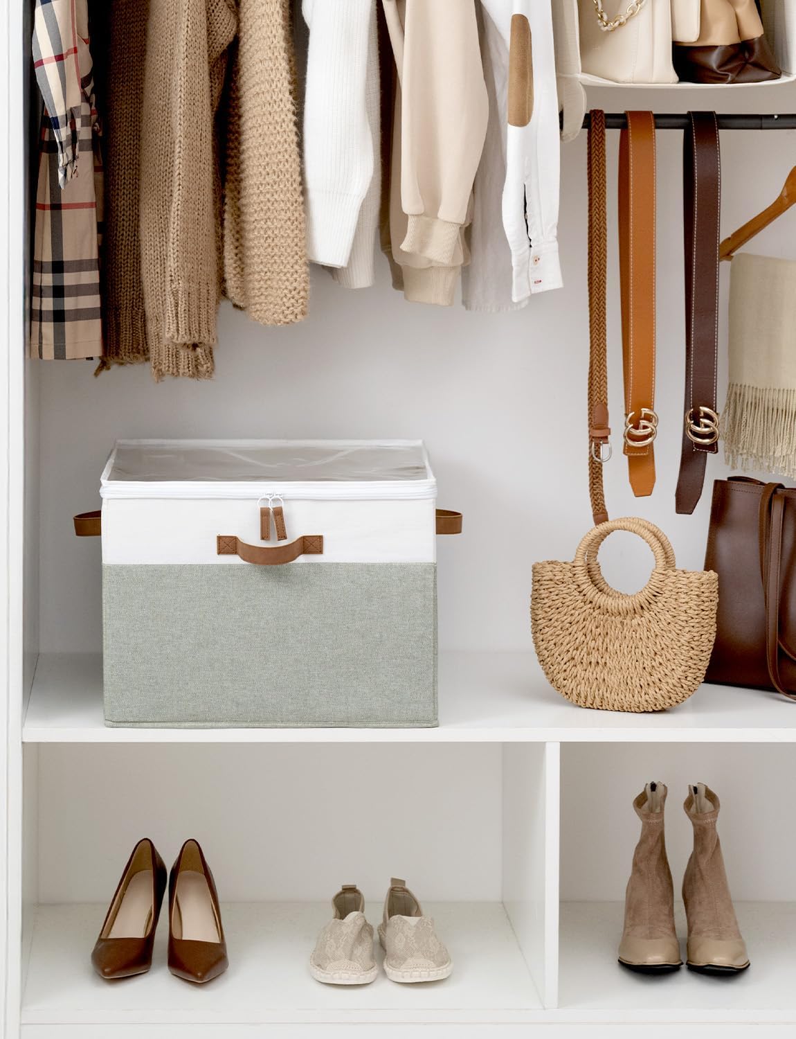 StorageWorks Shoe Organizer for Closet, Fits up to 16 Pairs, Shoe Cubby Storage Containers with Adjustable Dividers and Clear Cover, Green & White