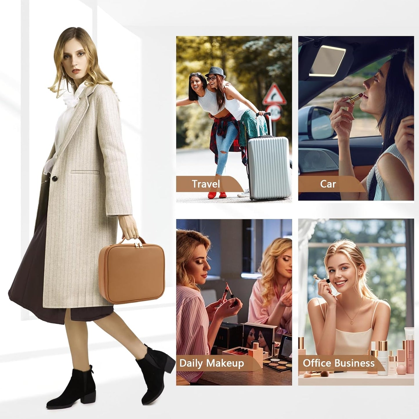 Travel Makeup Bag for Makeup Artists Large Makeup Case,with Mirror 3 Color Setting and Detachable 10x Magnifying Mirror Travel Makeup Bag,Portable Storage and Adjustable Dividers（brown）