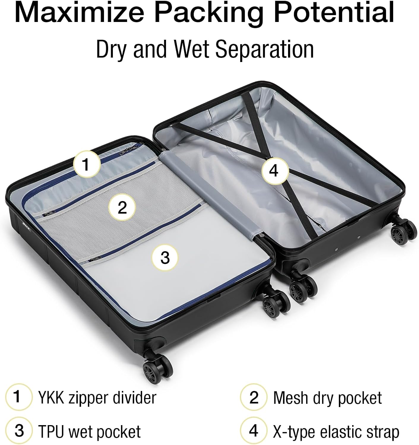 KYME Luggage Sets 2 Piece Hardshell 22"/26" Suitcase with Spinner Wheels Hardside Suitcases Sets with TSA Lock Lightweight Travel Luggage Set with Cup Holder for Women Men Black