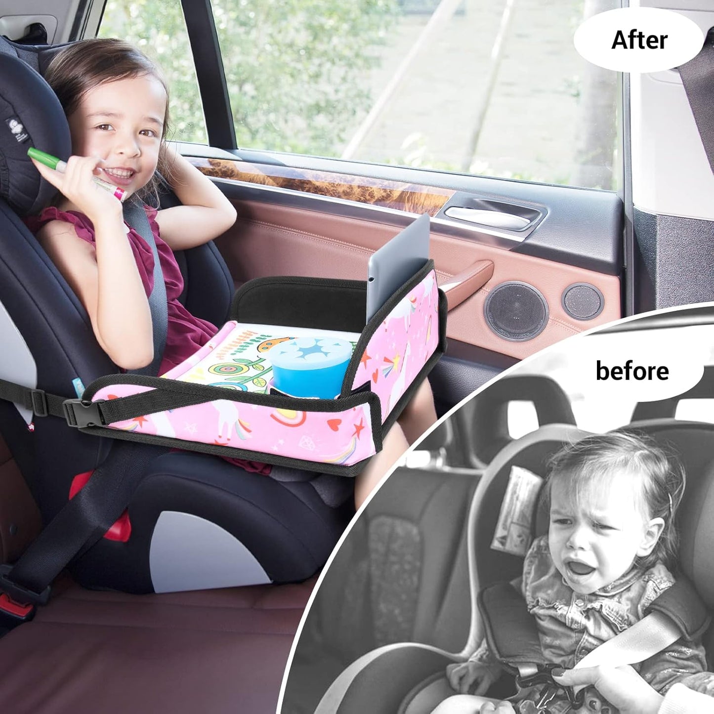 COOLBEBE Kids Travel Tray for Toddler Car Seat, Travel Tray for Airplane, Toddler Car Seat Lap Tray, Carseat Table Tray for Kids Travel Activities (Pink Unicorn -2PCS)