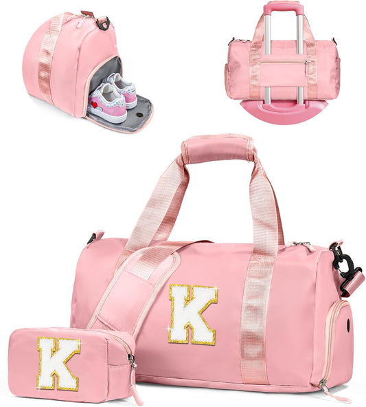 Girls Cheer Up Gifts-Girl Gym Bag with Shoe Compartment, Kid Personalized Weekender Overnight Bags, Initial Travel Tote with Makeup Pouch, Graduation Gift for Niece Kids Daughter (Letter K)