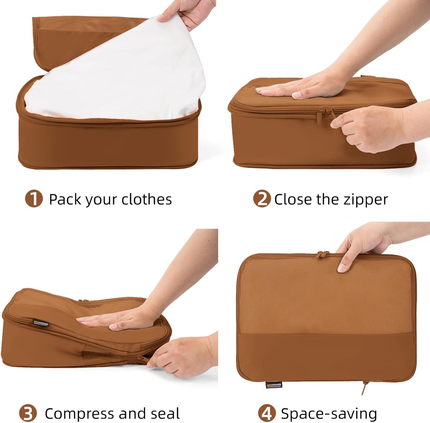 4 Piece Compression Packing Cubes for Suitcases and Backpack, Lightweight Travel Organizers (Light Brown)