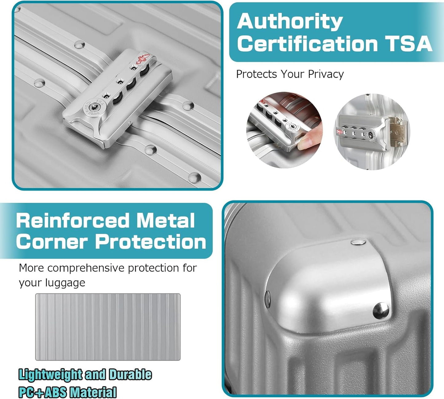 AnyZip Luggage Aluminium Frame Suitcase Hard Shell TSA Lock No Zipper 24In Silver