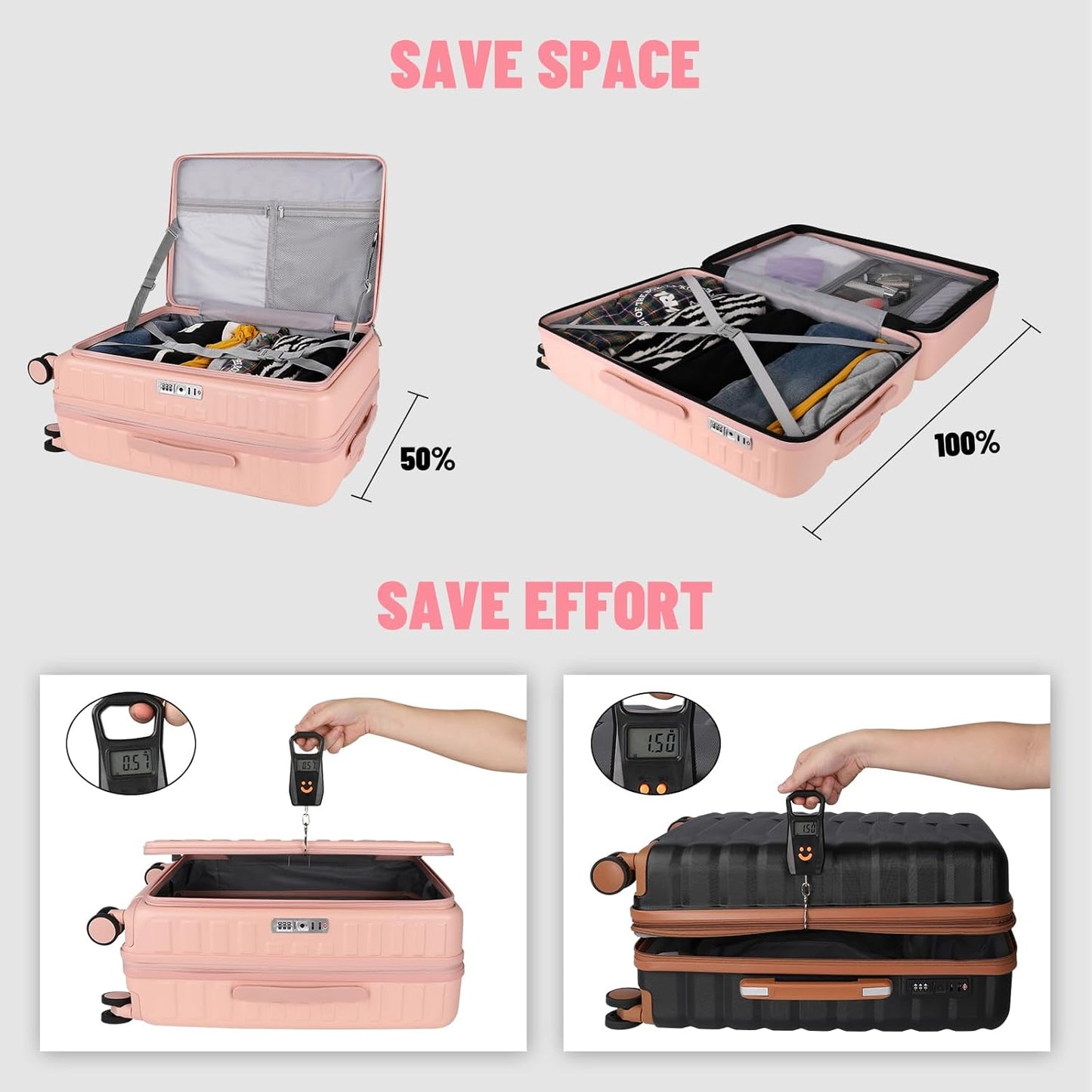 3-Piece 20/24 Top Opening Hardshell Lightweight Luggage and 28-Inch Clamshell Opening Suitcase with Spinner Wheels & TSA Locks for Woman Girls Travel, Pink 20in/24in/28in