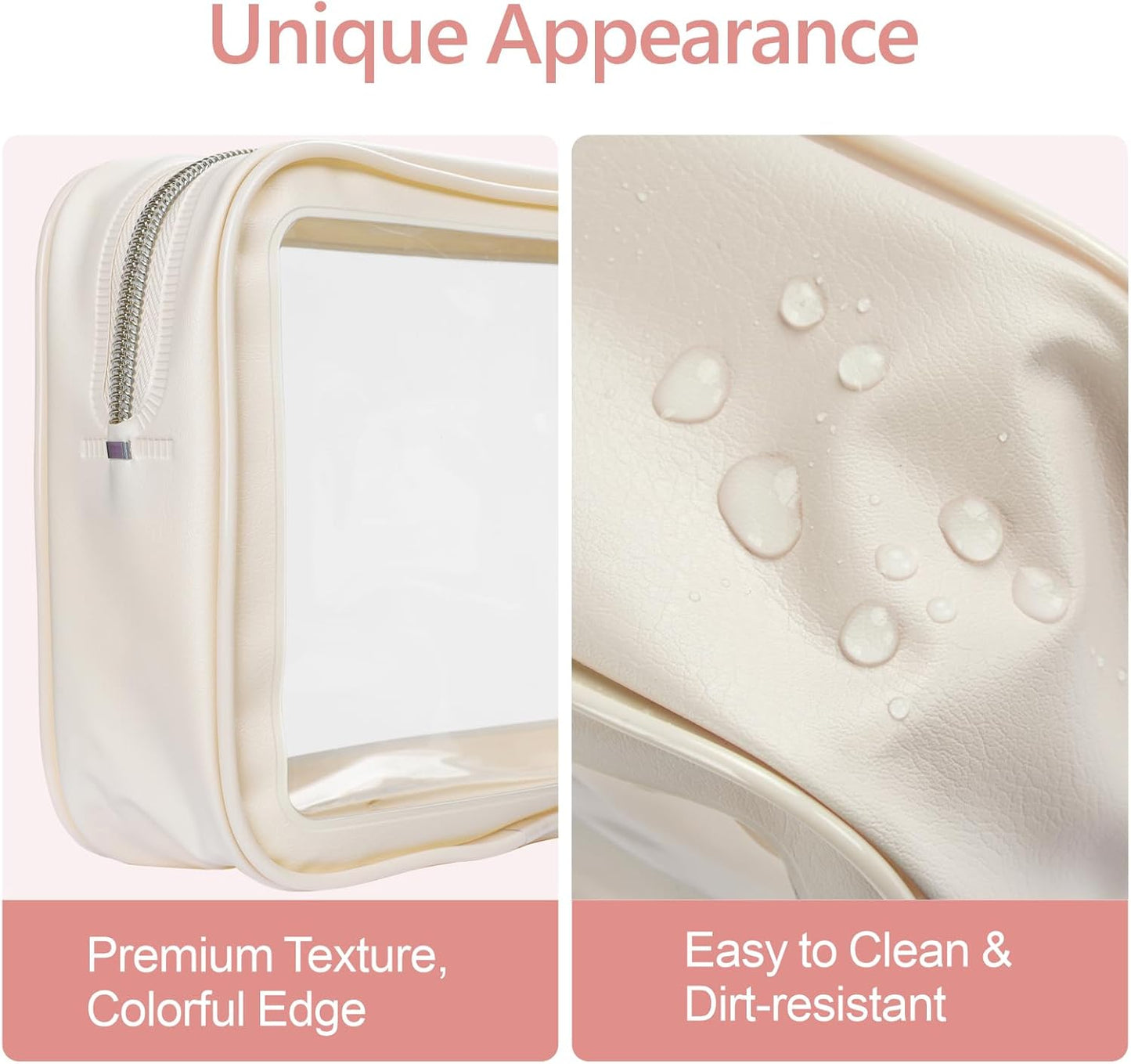 PACKISM Clear Makeup Bag - Soft Plastic Color-Edged TSA Approved Toiletry Bag, Reusable Clear Toiletry Bags with Golden Zipper, Beige