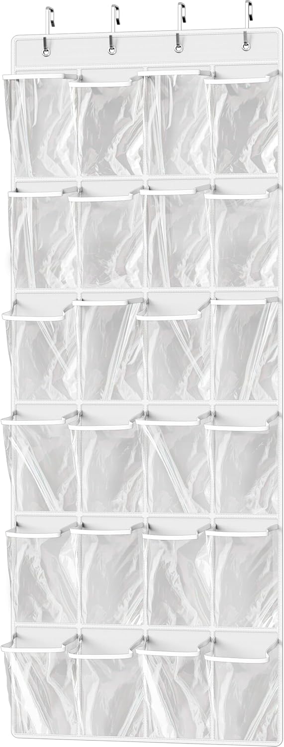 Simple Houseware 24 Pockets Large Clear Pockets Over The Door Hanging Shoe Organizer, White (56" x 22.5")