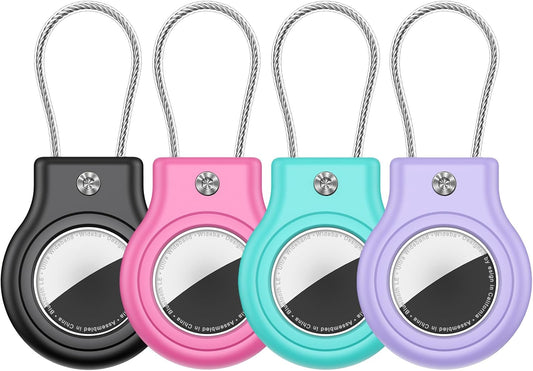 Waterproof Airtag Holder,4 Pack Air tag Case with Secure Lock,Airtags Keychain for Apple Airtag,Anti-Lost Protective Case Air tag Accessories for GPS Tracker Luggage,Key,Pet-Black/Pink/Green/Purple
