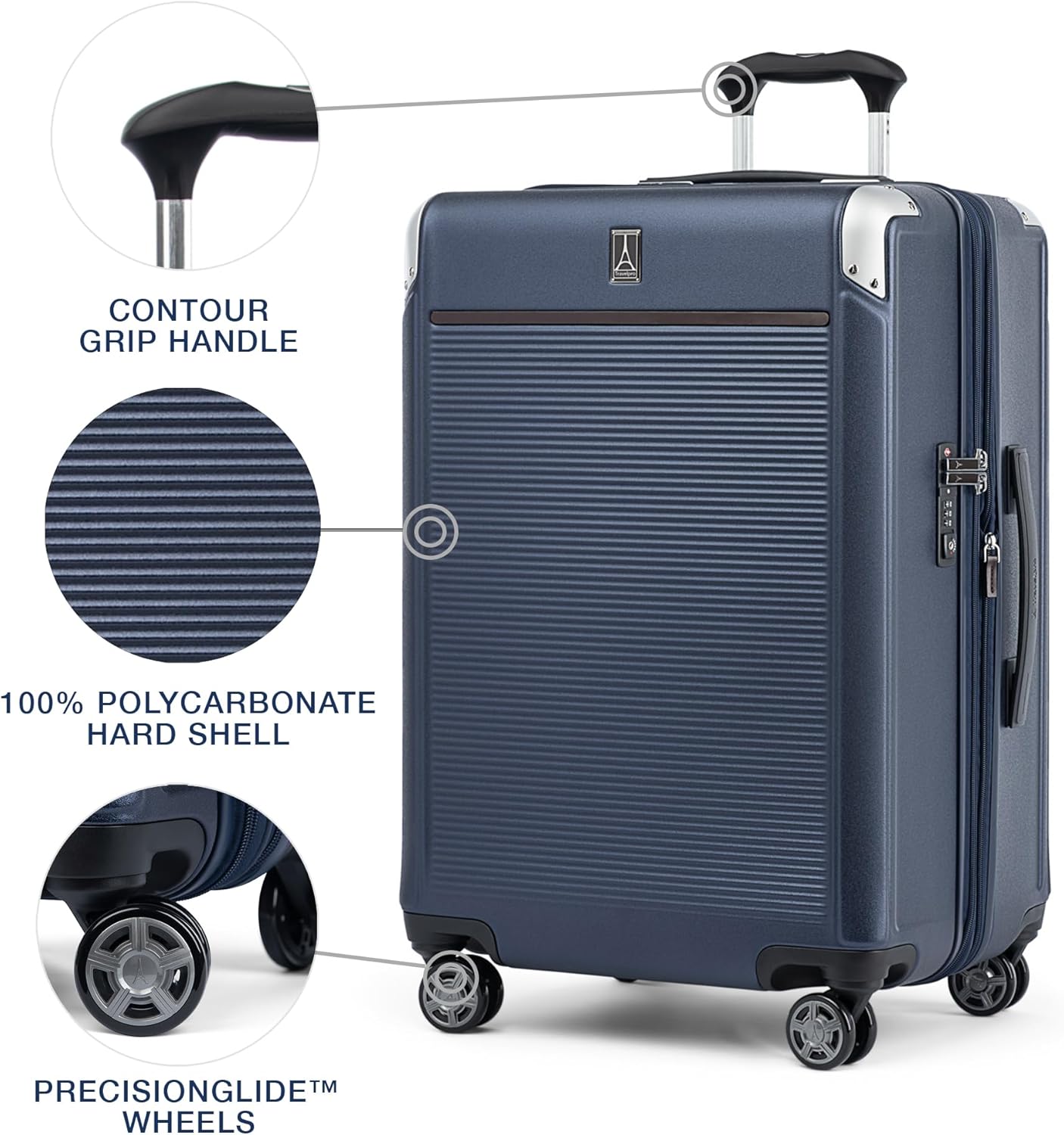 Travelpro Platinum Elite Hardside Expandable Checked Luggage, 8 Wheel Spinner, TSA Lock, Hard Shell Polycarbonate Suitcase, True Navy Blue, Checked Medium 25-Inch