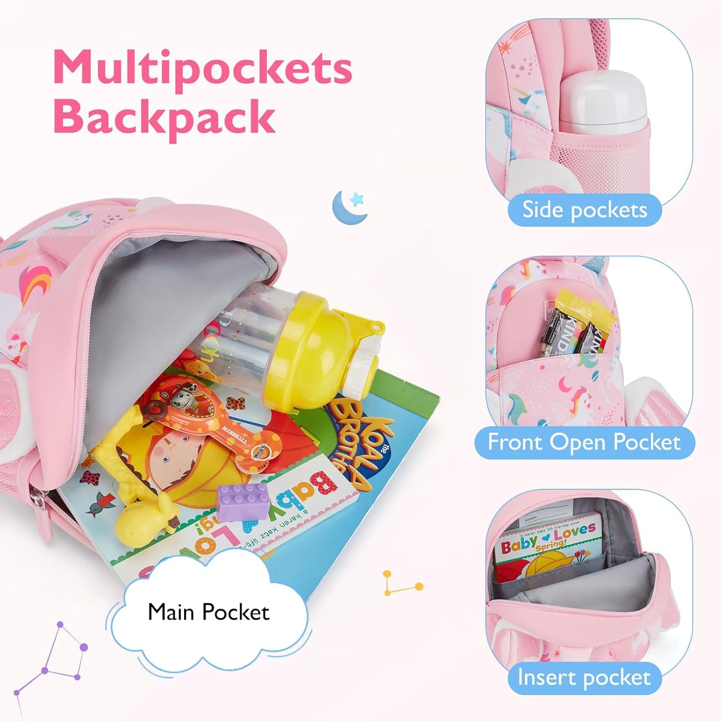 mommore Toddler Backpack for Girls 2-4 Neoprene Unicorn Backpack with Kids Leash, 3D Cartoon Preschool Kindergarten Bookbag for Pre-k, Pink