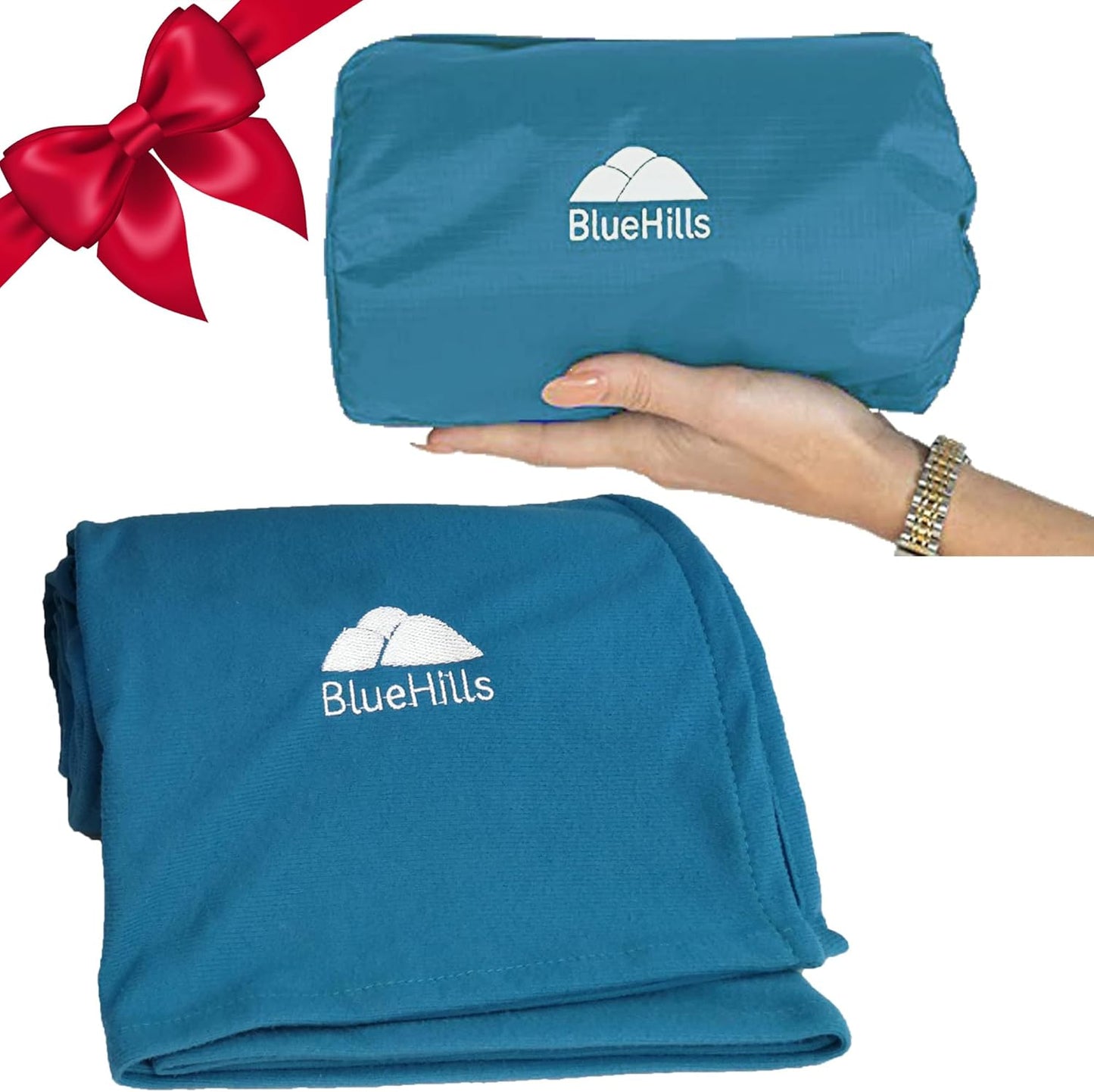 BlueHills Ultra Compact Travel Blanket in Portable Case Premium Soft Large Airplane Blanket Flight Essentials for Car Plane Train Hotel Layover Peacock Teal C004