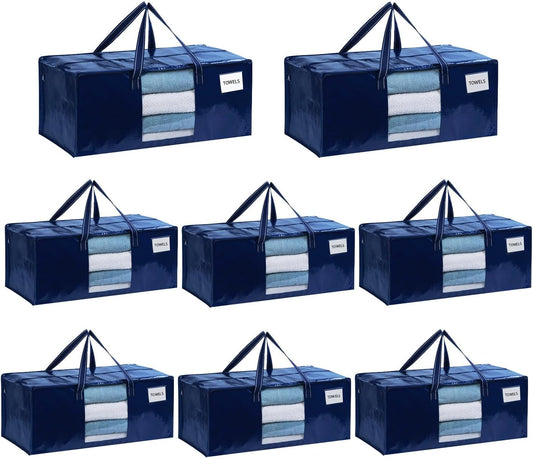 VENO 8 Pack Moving Bags Extra Large Storage Bags for College Move-In, Heavy-Duty Storage Totes, Packing Boxes, and Wardrobe Moving Supplies - Durable Laundry Bags for Clothes (Blue w/Window, 8 Pack)