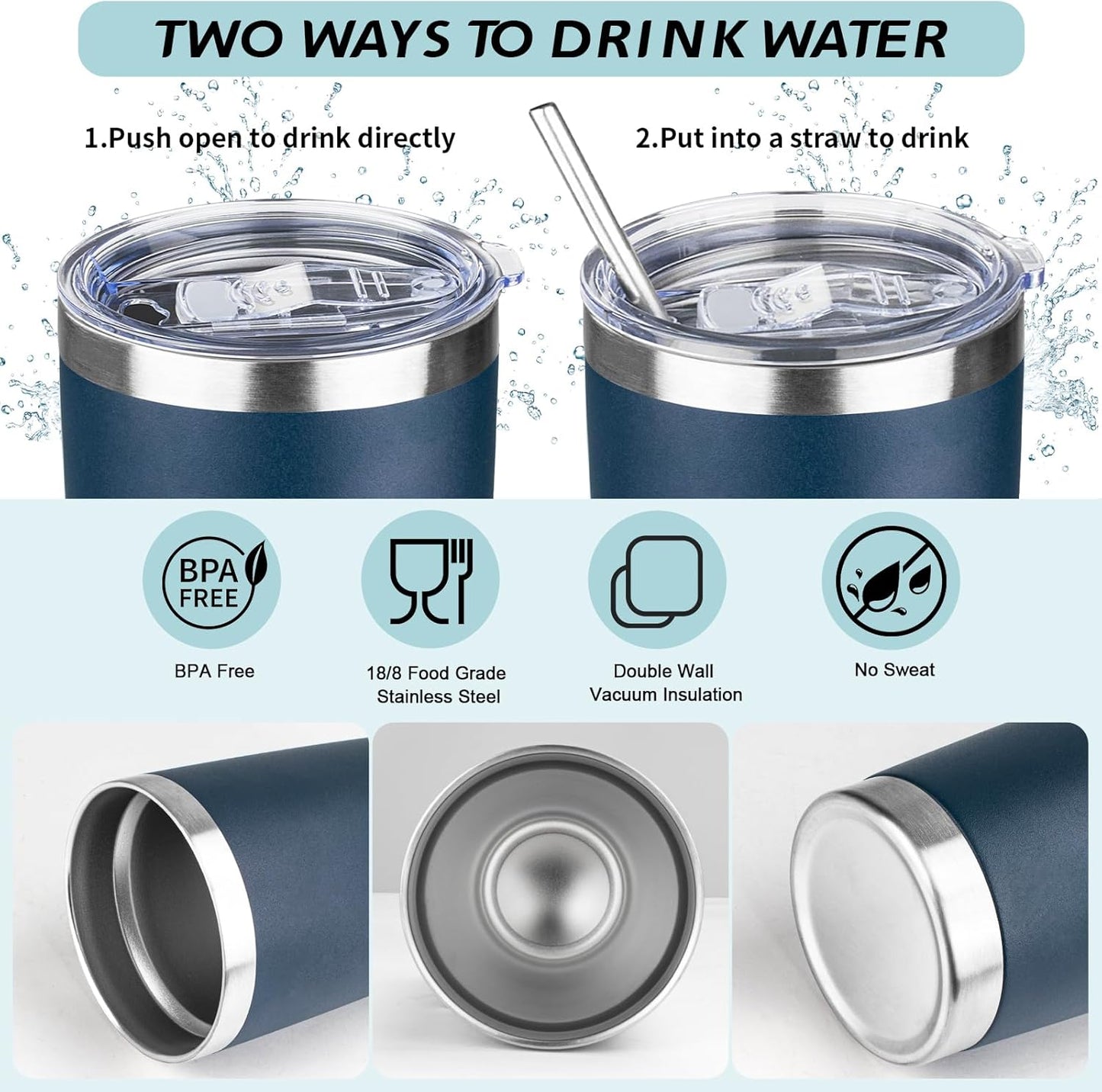 20oz Tumbler with Straw and Brush, Stainless Steel Vacuum Insulated tumbler, Double Wall Insulated Coffee Tumbler for Outdoor, Home, Travel,Office (Navy blue,1pcs)