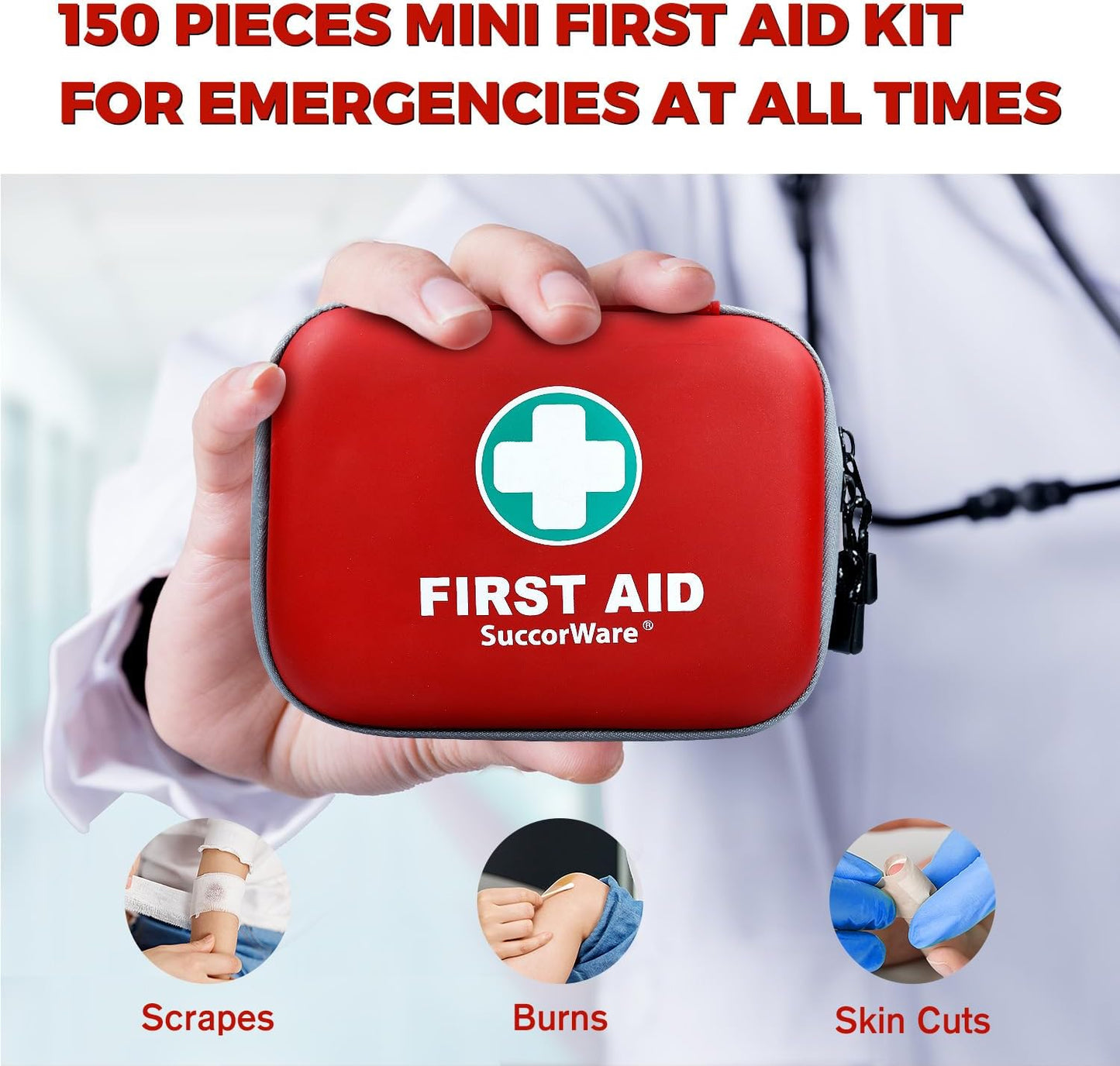 150 Pieces Mini First Aid Kit - Small Medical Kit with Hard Shell - Emergency First Aid Kit for Car, Travel, Home, Outdoor, Office, Camping, Hiking (Red)