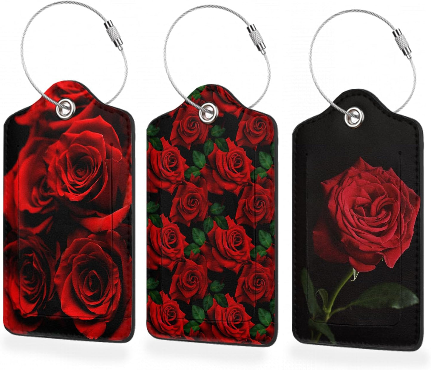 3 Pack Luggage Tag for Suitcase,Red Rose Floral and Leaves Leather Luggage Tags with Privacy Cover Name ID Label Identifiers Travel Bag Tags for Women Men Boys Girls