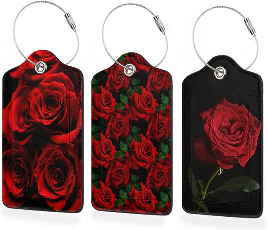 3 Pack Luggage Tag for Suitcase,Red Rose Floral and Leaves Leather Luggage Tags with Privacy Cover Name ID Label Identifiers Travel Bag Tags for Women Men Boys Girls