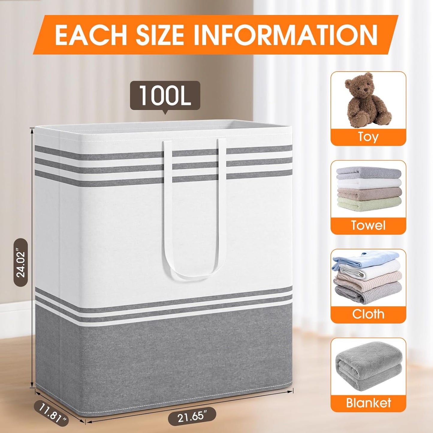 2 Pack Large Home Laundry Basket, Laundry Hamper, Freestanding Waterproof Dirty Clothes Bag, Tall Clothes Hamper - Extended & Reinforced Handles for College Dorm, Family (Light Grey/100L)