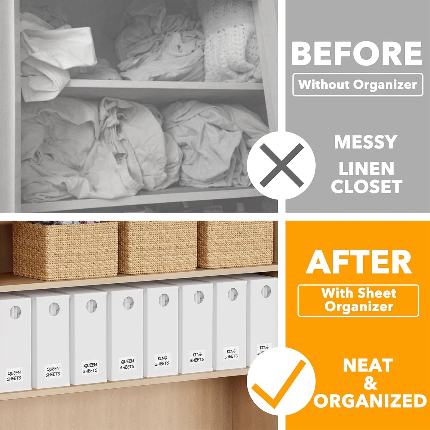 SpaceAid 8 Pack Bed Sheet Organizers and Storage, Foldable Organizer for Linen Closet, Sheets Set Folder Keeper with Window XL (Queen & King Size) Organizing Bedding Container, White 91ZDSN-SL24-W8