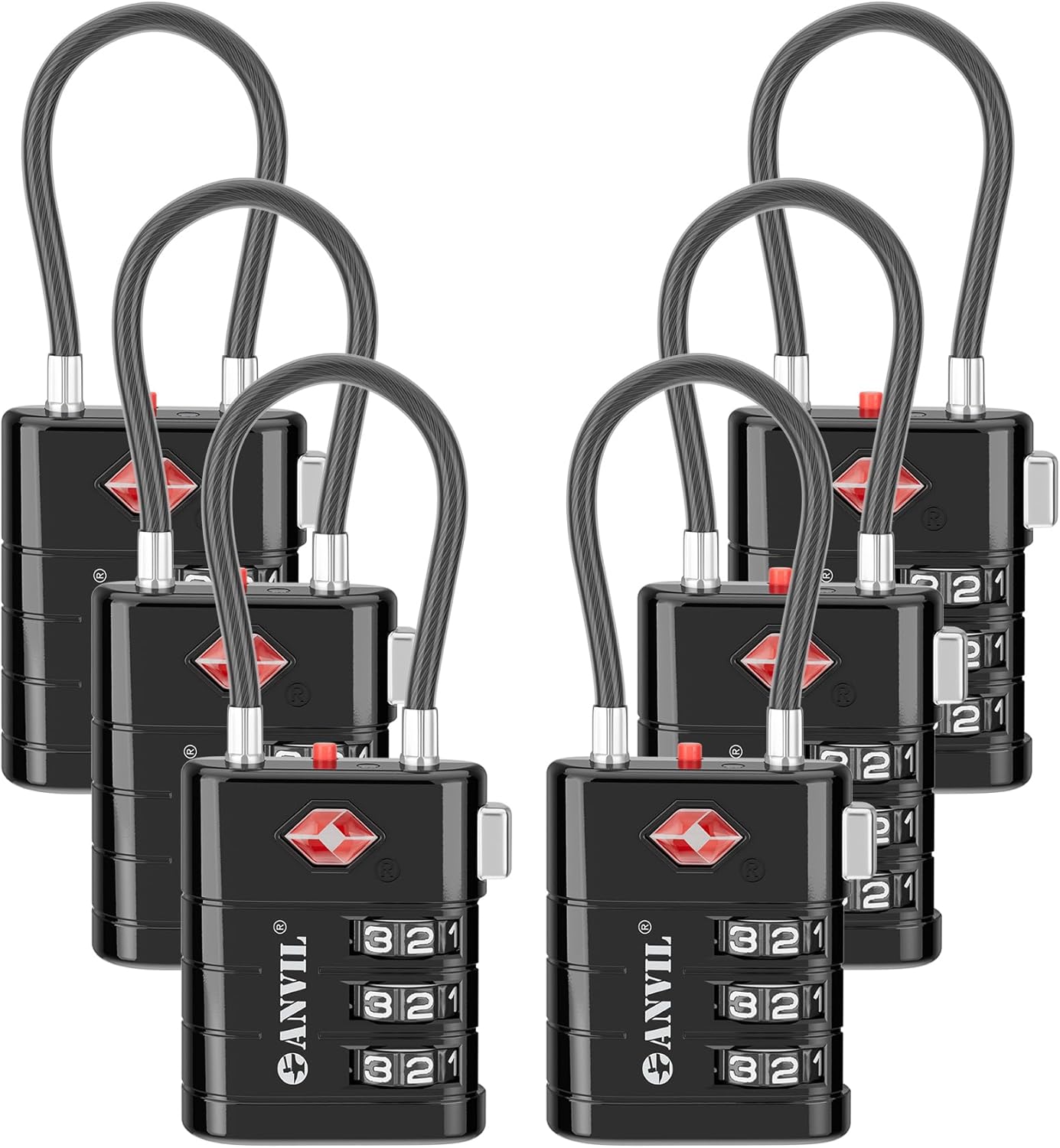 ANVIL TSA Approved Luggage Locks – High Security TSA008 Combination Travel Locks with Inspection Indicator for Suitcases and Backpacks. (6, Black)
