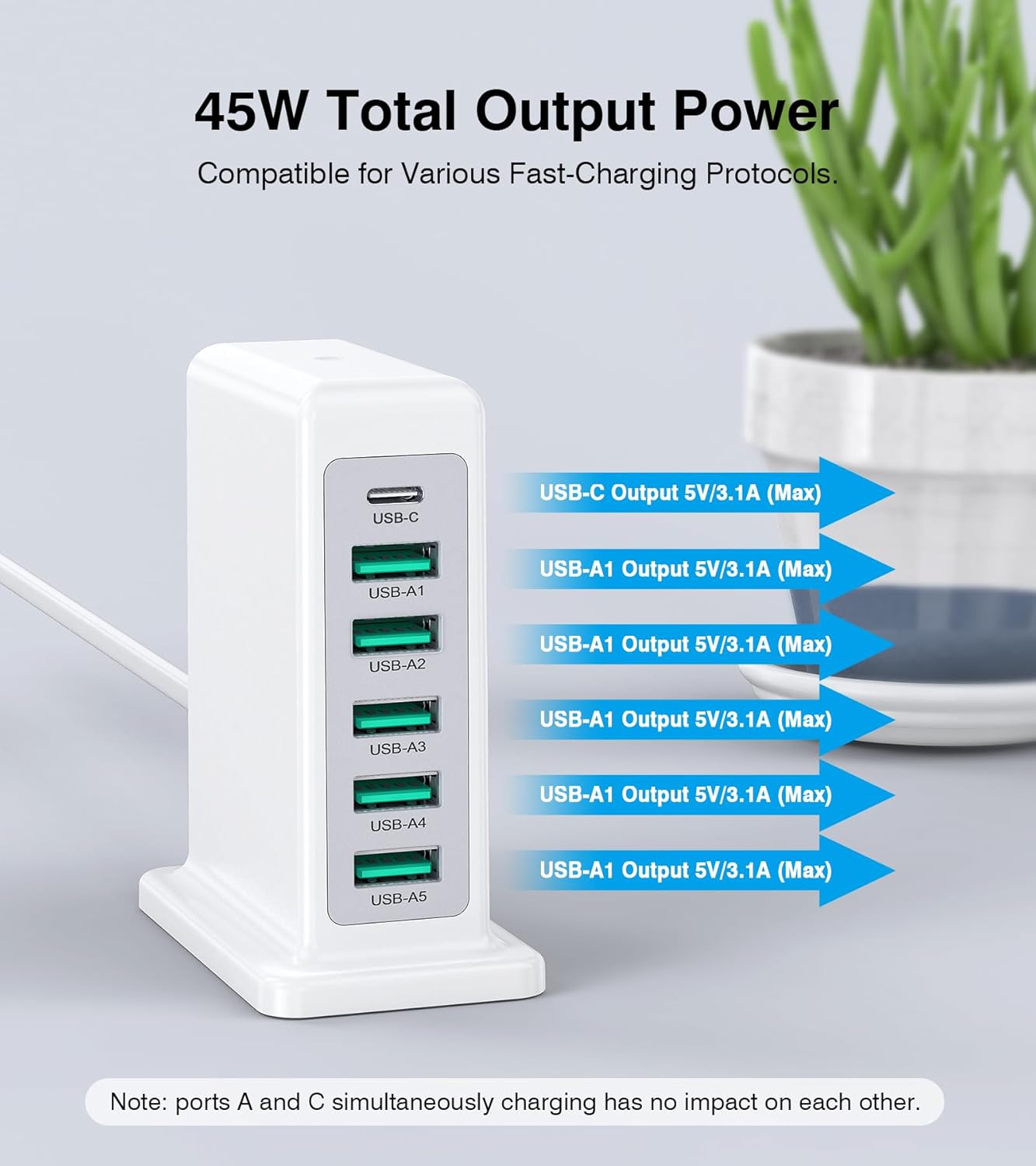 Charging Station for Multiple Devices, 45W 6 Port USB Charger Charging Block with 1 USB-C 5 USB-A Port, Power Strip Plug Charging Multi Travel Chargers for iPhone iPad, Tablets, Smartphones
