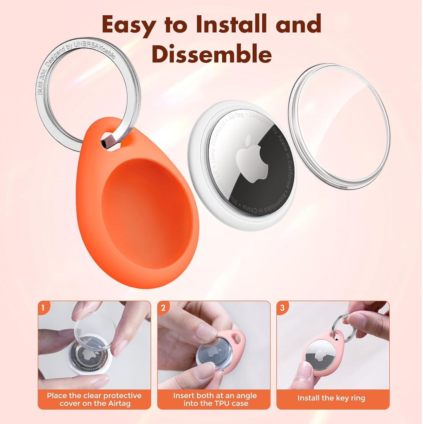 UNBREAKcable AirTag Holder for Apple - 4 Pack Air Tag Case [Fit Tightly Design] [Easy to Install] [Hold Air Tag Securely] Waterproof TPU Shell Protective Cover with All Metal Keychain (Orange&Green)