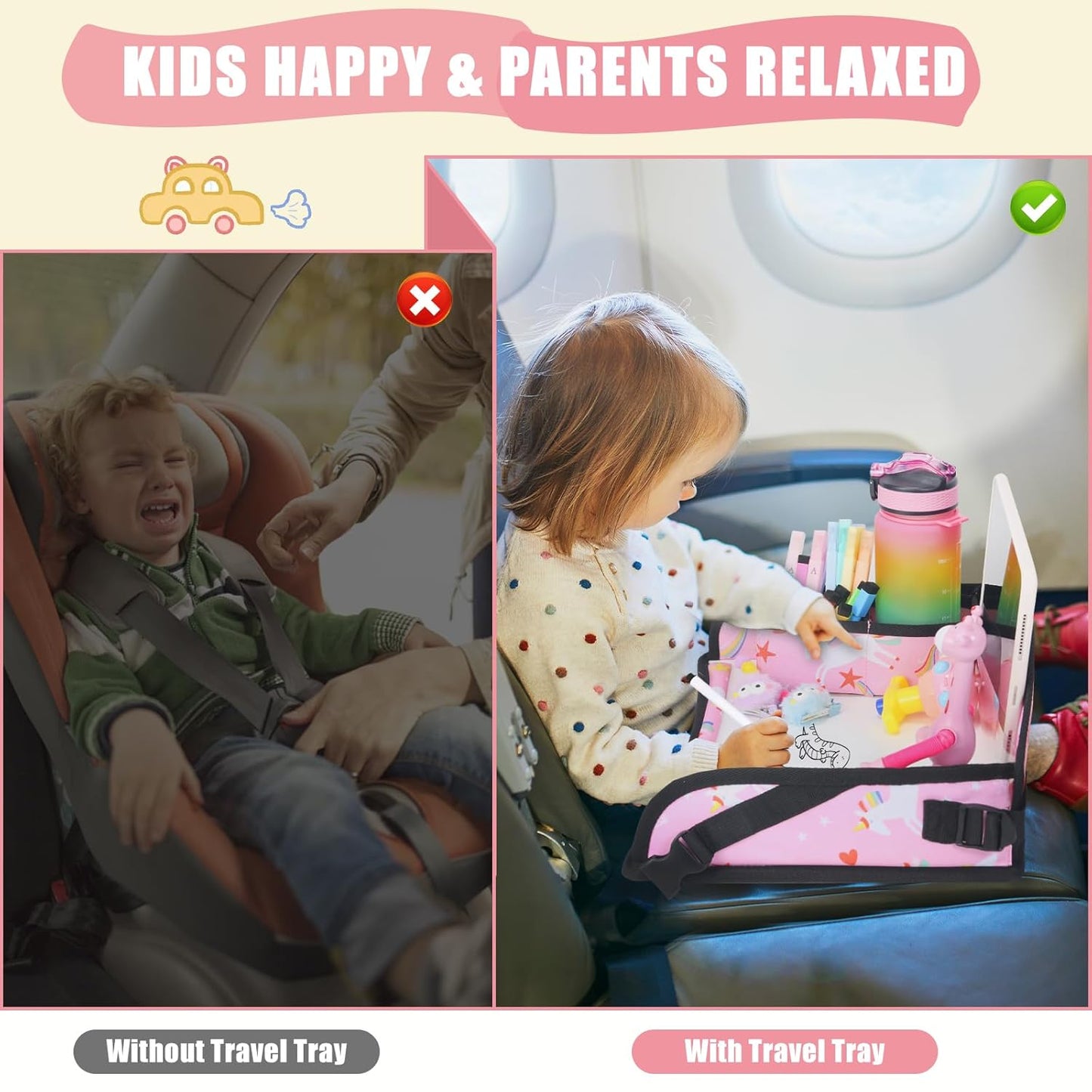 Upgraded Kids Travel Tray for Car Seat - Travel Tray for Airplane, Toddler Lap Tray, Carseat Lap Desk for Kids Road Trip Activities, Pink Unicorn - 2 PCS