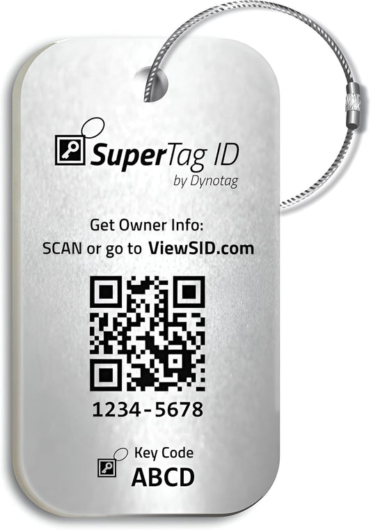Dynotag® Sentry Series Solid Metal Web Enabled Smart Luggage Tag ID + Steel Loop, Anodized Aluminum with DynoIQ™ & Lifetime Recovery Service (Frost Silver)