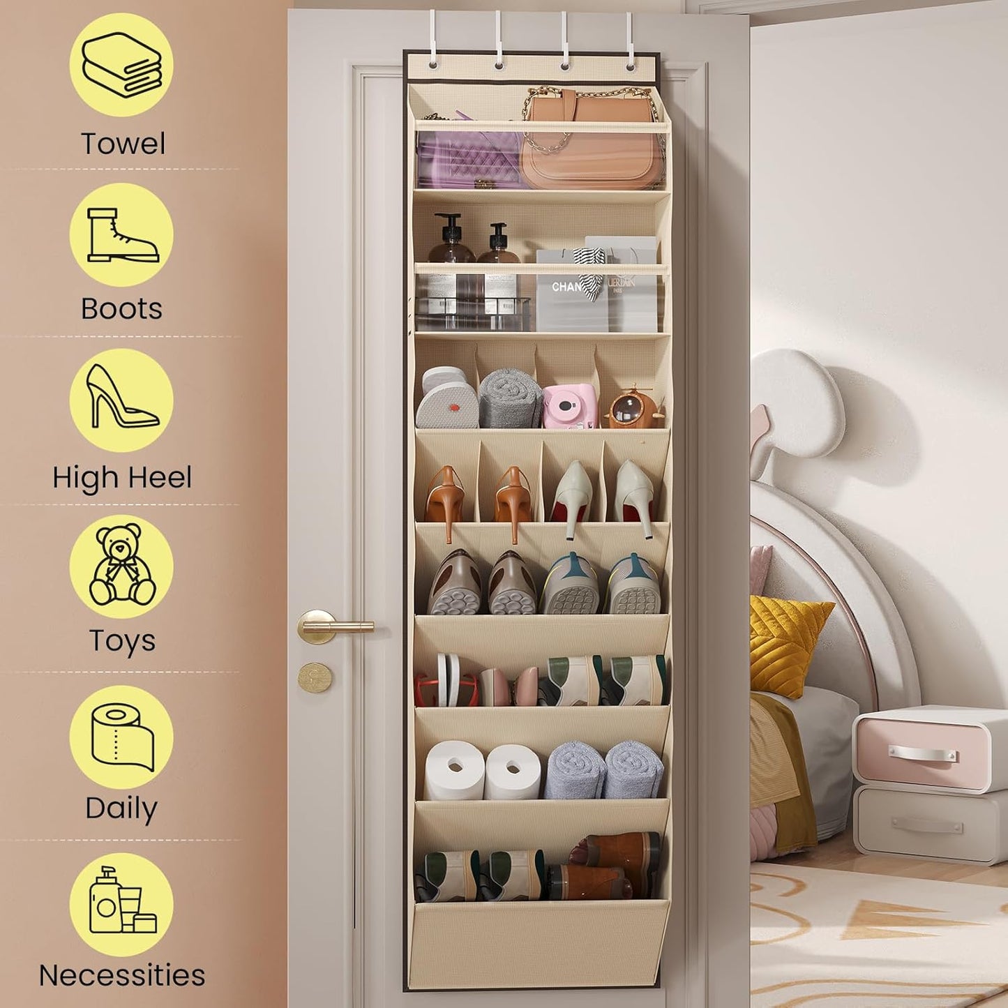 Over the Door Shoe Organizer for Closet, Shoes Rack with 8 Tier Large Deep Pockets, Hanging Shoe Organizers for Boot Storage, Behind the Door Narrow Shoe Holder for Small Shoes, Beige