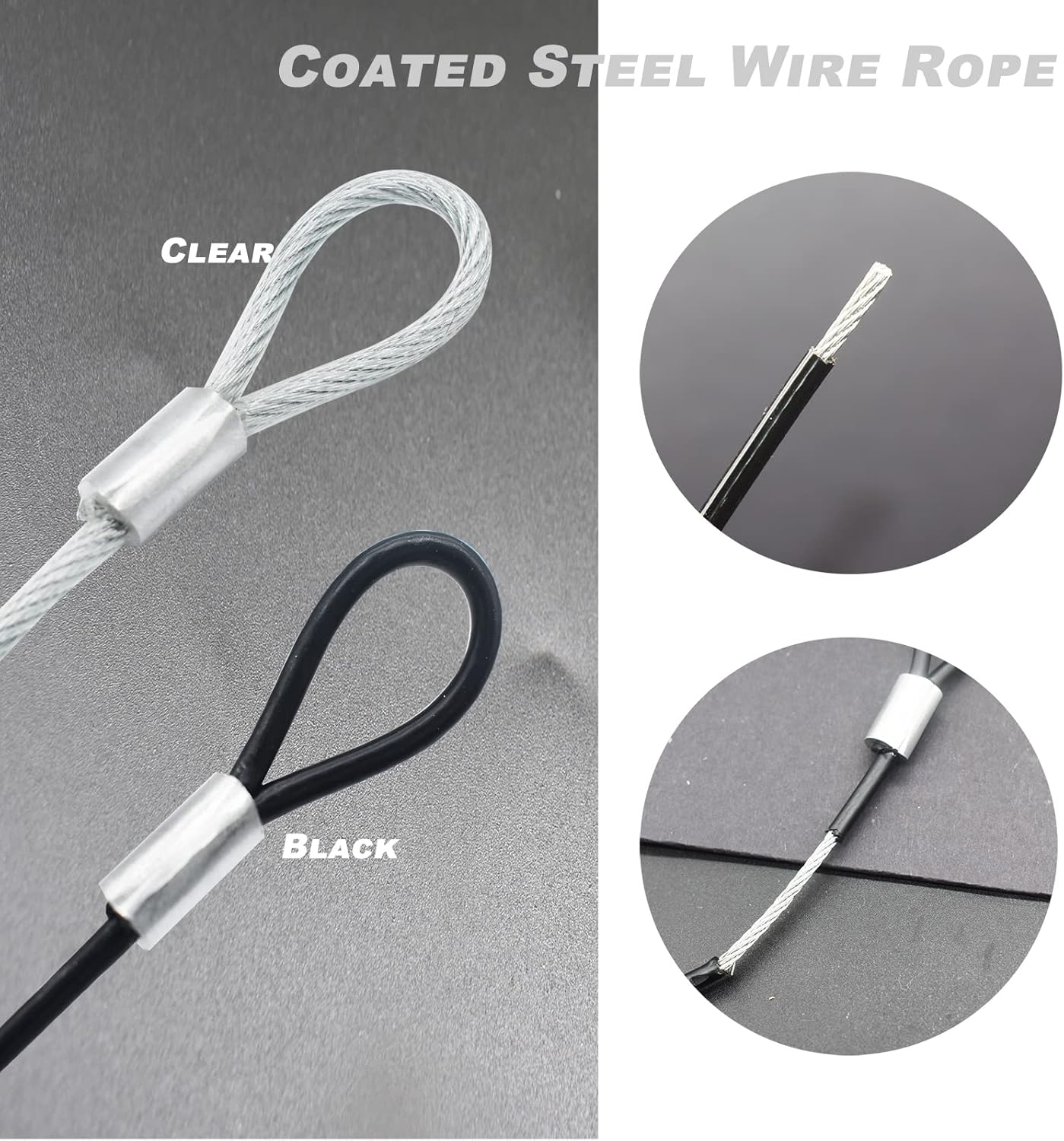 4 pcs 20 inch (50cm) 5mm Thickness Galvanized Steel Wire Rope Lanyard Cable Tether Safety Strap with Braided Steel Rubber Coated and 2 Loops Black