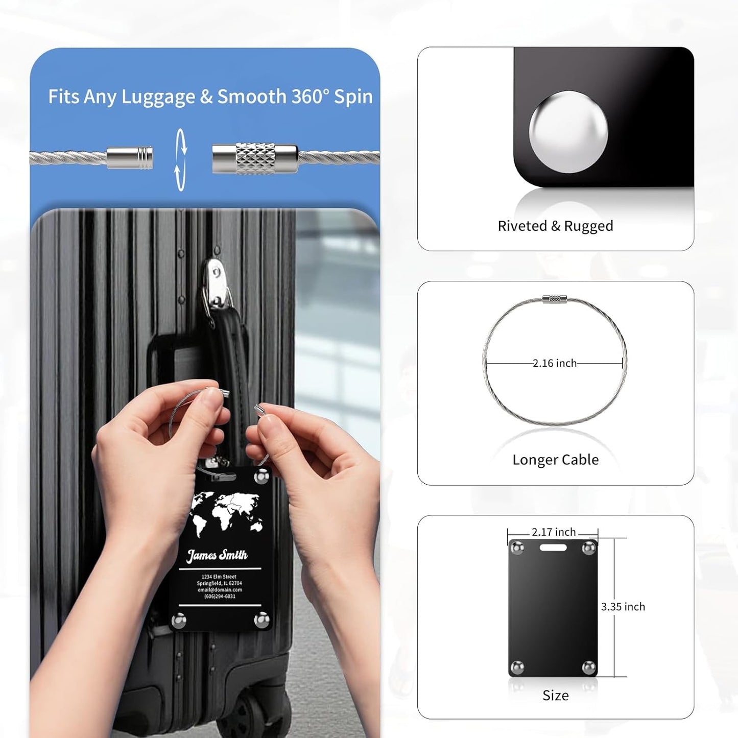 3 Pack Personalized Luggage Tags for Suitcases, Handmade Engraved Stainless Steel Custom Luggage Tags for Cruise Travel with Stainless Loop, Suitcase Identifier Metal Name Baggage Tag