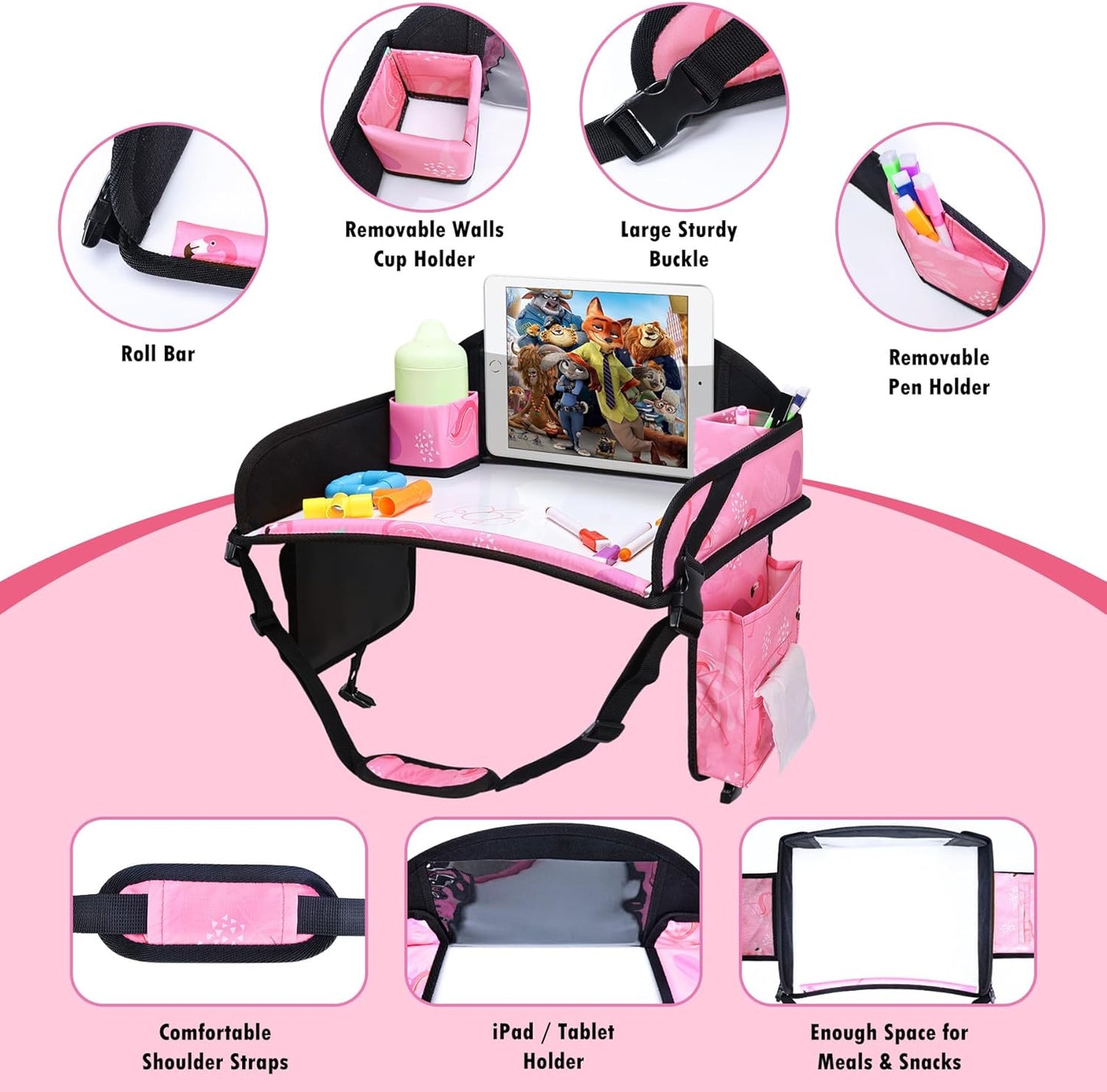 2PCS Kids Travel Tray, Car Seat Tray for kids Travel, Toddler Road Trip Essentials With Drawing Kit, Toddler Lap Desk Organizer for Car, Carseat Table for Airplane