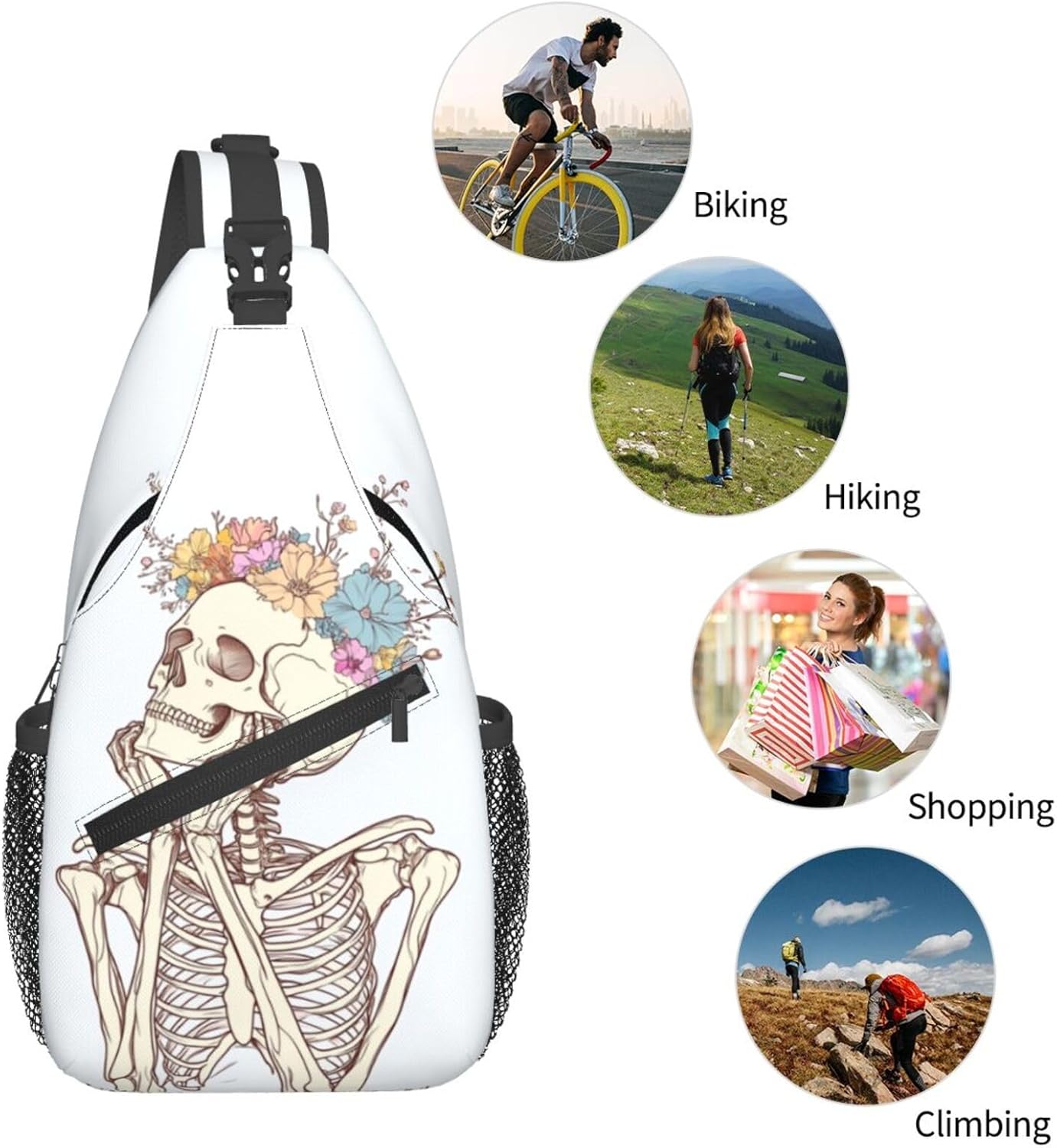 SUPLUCHOM Sling Bag Skeleton Flower Skull Hiking Daypack Crossbody Shoulder Backpack Travel Chest Pack for Men Women