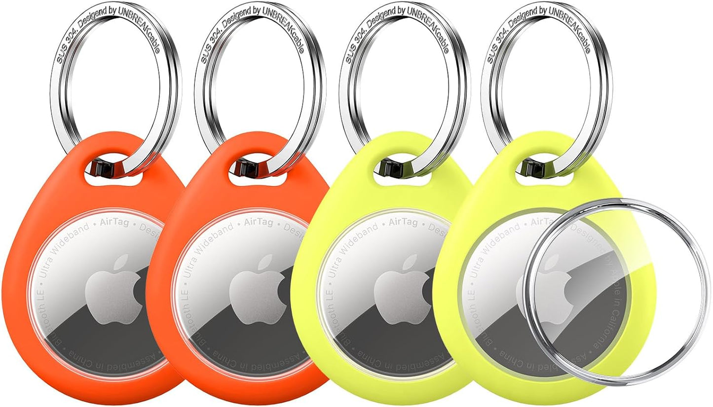 UNBREAKcable AirTag Holder for Apple - 4 Pack Air Tag Case [Fit Tightly Design] [Easy to Install] [Hold Air Tag Securely] Waterproof TPU Shell Protective Cover with All Metal Keychain (Orange&Green)