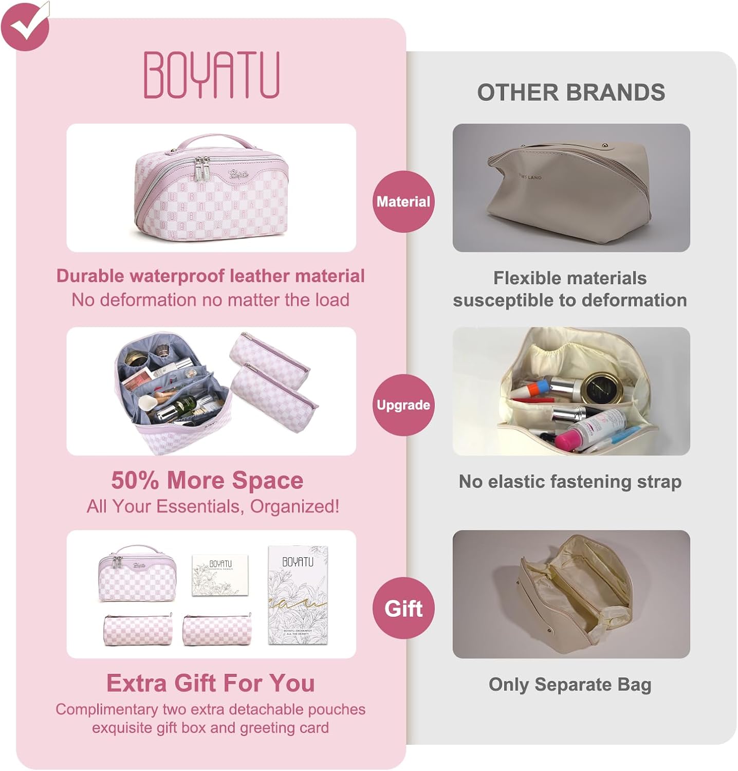 BOYATU Travel Makeup Bag Cosmetic Bags for Women: 3 Pcs Set Portable Make up Bag with Handle - Vegan Leather Toiletry Bags with Compartments - Makeup Organizer for Travel Essentials(02-Purple)