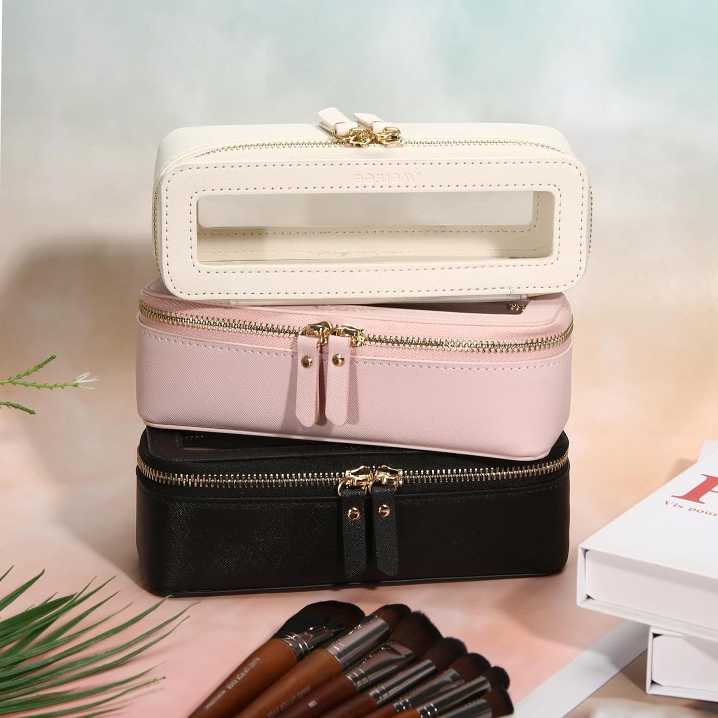 Aveniee Clear Makeup Brush Bag, Slim Cosmetic Brush Holder, Small Travel Toiletry Bag for Women, Thin Make up Bags with Dual Zipper, Mini Travel Essentials Organizer - Taupe