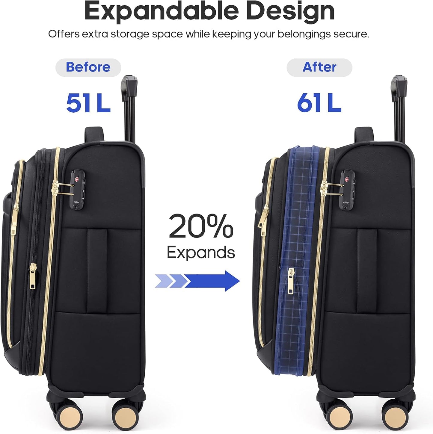 Softside Carry On Luggage 20 Inch Expandable Carry On Luggage 22x14x9 Airline Approved with Spinner Wheels & TSA Lock, Waterproof Large Capacity Suitcase Travel Bag for Men and Women