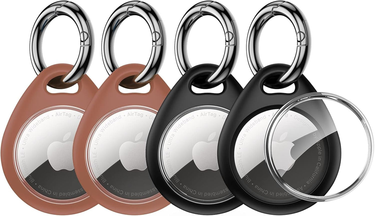 UNBREAKcable Holder for Apple AirTag - 4 Pack [Fit Tightly Design] [Easy to Install] [Hold Air Tag Securely] Waterproof TPU Shell Protective Case with All Metal Keychain Key Ring Clip (Black&Brown)