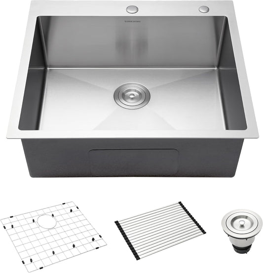 25-Inch Drop-In Kitchen Sink, SINKVINE 25" x 22" Stainless Steel Indoor and Outdoor Sink, Top Mount Large Deep Single Bowl Sink for Laundry Room, with Drain Strainer, Bottom Grid, Roll-up Drying Unit